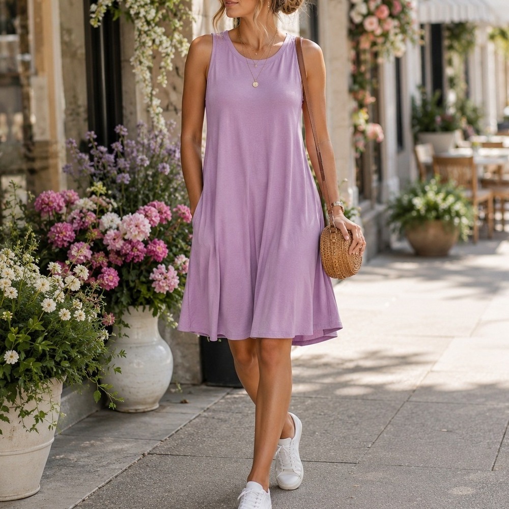 Womens Pink Sleeveless Swing Dress Soft Knit Casual Midi Athleisure Scandinavian